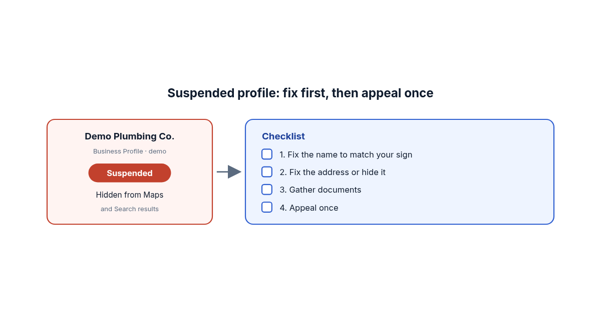 A demo Google Business Profile card marked suspended next to a short checklist: fix the name, fix the address, gather documents, appeal once